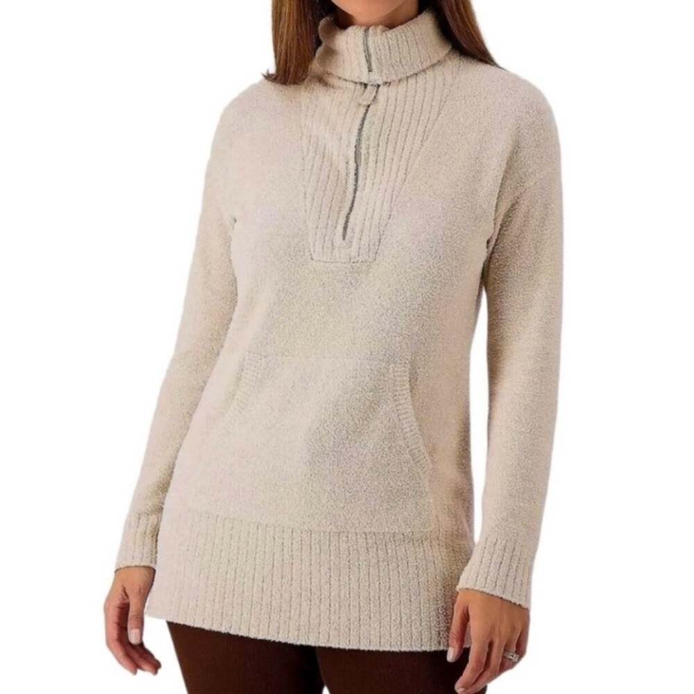 Barefoot Dreams CozyChic‎ Lite High Rib Half Zip Tunic Sweater Biscotti Cream XL